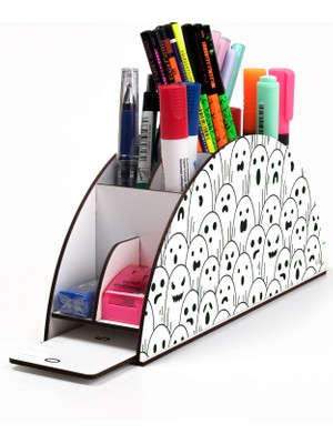 KutuTR Ahşap Vip Emojiler Model Gökkuşağı Cetvelli Masaüstü Kalemlik Organizer Montajlı Kutulu