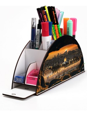 KutuTR Ahşap Vip Islam Serisi Gökkuşağı Cetvelli Masaüstü Kalemlik Organizer Montajlı Kutulu