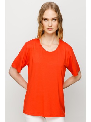 Desen Triko Kadın Sıfır Yaka Basic Penye T-Shirt Oranj