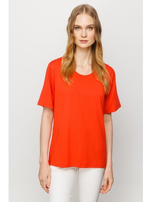 Desen Triko Kadın Sıfır Yaka Basic Penye T-Shirt Oranj