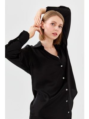 Desen Triko Kadın Saten Patlı Gömlek Siyah