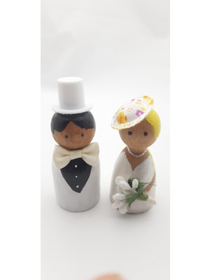1 Çift Damat Gelin Temalı Ahşap Peg Doll Oyuncak Seti Model 01