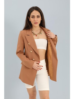 PNCH Blazer Fleto Cepli Atlas Kumaş Ceket - Camel