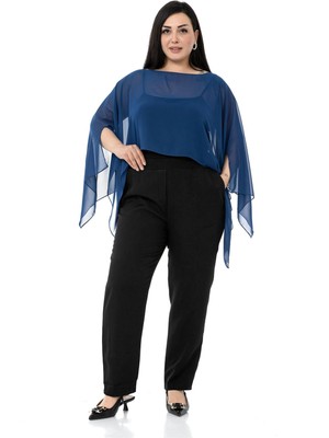 Disentis Modest Büyük Beden Asimetrik Kesim Şifon Lacivert Pelerin Bolero