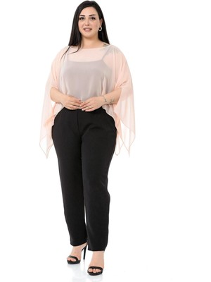 Disentis Modest Kadın Büyük Beden Pudra Renk Asimetrik Kesim Şifon Pelerin Bolero