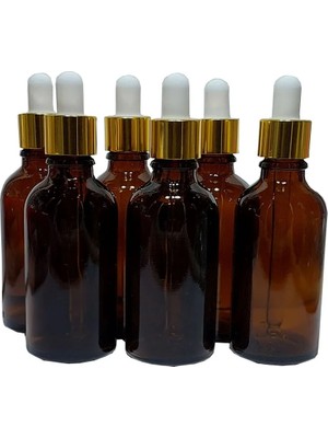 Sampex 6 Adet 50 ml Damlalıklı Amber Cam Şişe Metal Altın Renk Yüzüklü