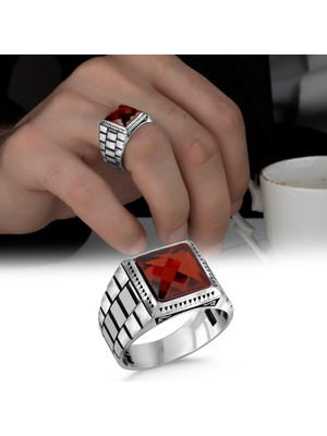 Argento Silver Kırmızı Zirkon Taşlı 925 Ayar Gümüş Erkek Yüzük