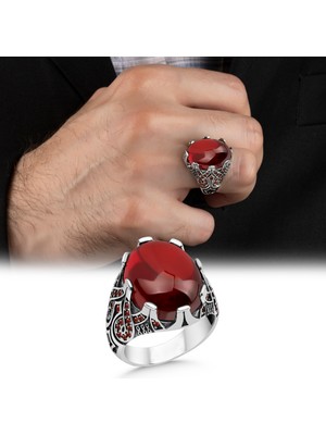 Argento Silver Kırmızı Zirkon Taşlı 925 Ayar Gümüş Erkek Yüzük