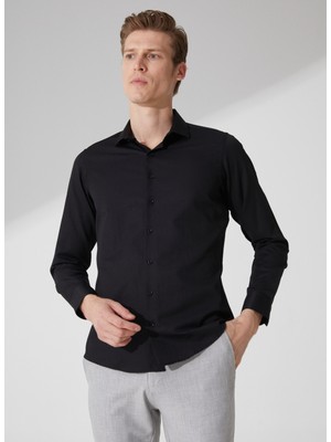 Süvari Slim Fit Klasik Yaka Armürlü Siyah Erkek Gömlek GM2024700401
