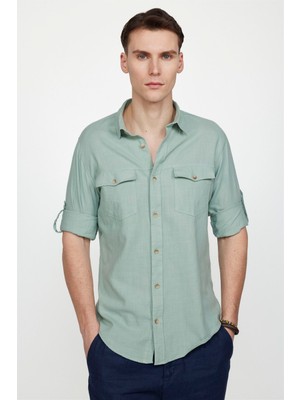 Tudors Erkek Slim Fit Dar Kesim %100 Pamuk Keten Doku Çift Cep Spor Yaka Yeşil Gömlek