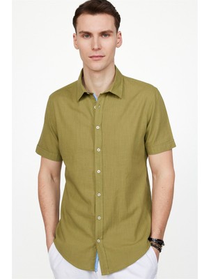 Tudors Erkek Slim Fit Dar Kesim Kısa Kollu %100 Pamuk Keten Doku Cepli Haki Gömlek