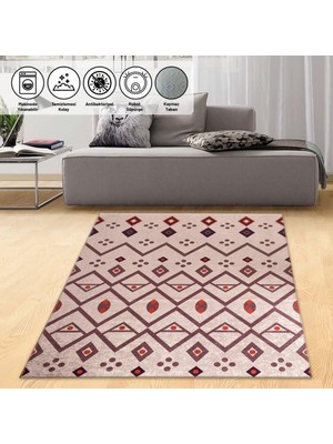 Carpettex Şık Tasarımlı Kilim Desenli Halı Kaymaz Taban Makinada Yıkanabilir Iskandinav Tarzı Bej Kırmızı Renkli