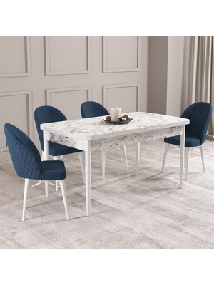 Hoopsii Arya Beyaz Mermer Desen 80X132 Mdf Açılabilir Mutfak Masası Takımı 4 Adet Sandalye