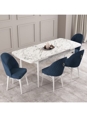Hoopsii Arya Beyaz Mermer Desen 80X132 Mdf Açılabilir Mutfak Masası Takımı 4 Adet Sandalye