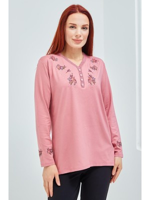 Fresh Moda Kadın Pembe V Yaka Düğmeli Çiçekli Likralı Anne Penye Bluz