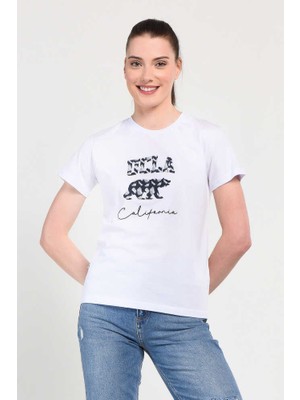 Ucla Allıson Beyaz Bisiklet Yaka Baskılı Kadın Tshirt