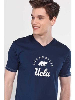 Ucla Moonave Lacivert V  Yaka Baskılı Erkek Tshirt
