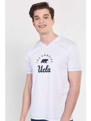 Ucla Moonave Beyaz V  Yaka Baskılı Erkek Tshirt