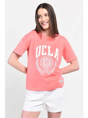 Ucla Avalon Açık Pembe Bisiklet Yaka Baskılı %100 Pamuk Loose Fit Kadın Tshirt