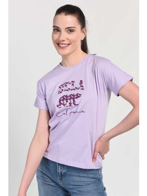 Ucla Allıson Lila Bisiklet Yaka Baskılı Kadın Tshirt