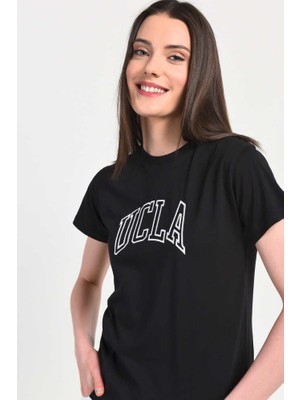 Ucla Angela Siyah Bisiklet Yaka Nakışlı Kadın Tshirt