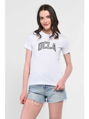 Ucla Angela Beyaz Bisiklet Yaka Nakışlı Kadın Tshirt