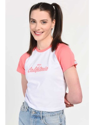 Ucla Carolına Pembe Bisiklet Yaka Baskılı Kadın Tshirt