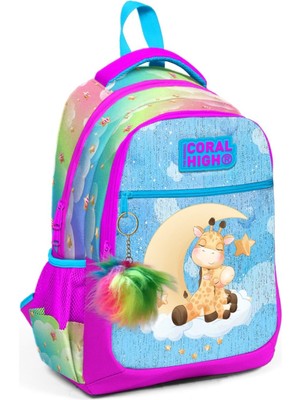 Coral High Üç Gözlü Kız Çocuk Okul Çantası Mavi Pembe Zürafa 31 x 42 x 15 cm Su Geçirmeyen Kumaş