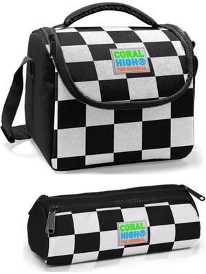 Coral High Siyah Beyaz Damalı Erkek Çocuk Beslenme Çantası Seti