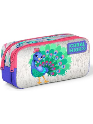 Coral High  İki Bölmeli Kız Çocuk Kalem Kutusu Yeşil Tavuskuşu Desenli Hafif ve Taşınabilir 21 x 10 x 6 cm