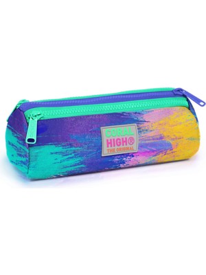 Coral High Renkli Fırça Darbeleri Üç Bölmeli Kalem Çantası Kalemlik - Kız Çocuk