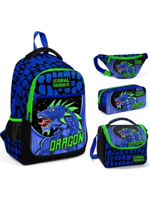Coral High Mavi Yeşil Dragon Üçlü Okul Çantası ve Bel Çantası Seti - Erkek Çocuk