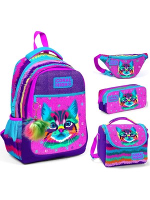 Coral High Mor Pembe Kedi Üçlü Okul Çantası ve Bel Çantası Seti - Kız Çocuk