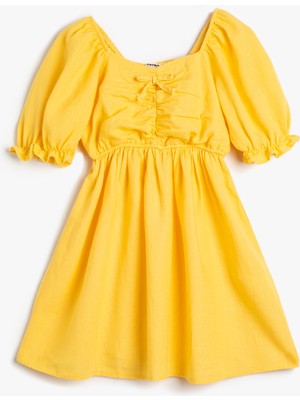 Koton Keten Elbise Kısa Balon Kollu Önü Büzgülü Kare Yaka