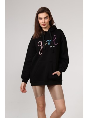 Fancy Kadın Kapüşonlu Yazı Nakışlı Kanguru Yumuşacık İçi Pamuklu Oversize Siyah Sweatshirt