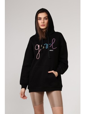 Fancy Kadın Kapüşonlu Yazı Nakışlı Kanguru Yumuşacık İçi Pamuklu Oversize Siyah Sweatshirt