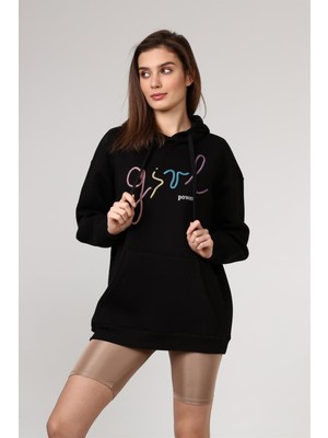 Fancy Kadın Kapüşonlu Yazı Nakışlı Kanguru Yumuşacık İçi Pamuklu Oversize Siyah Sweatshirt