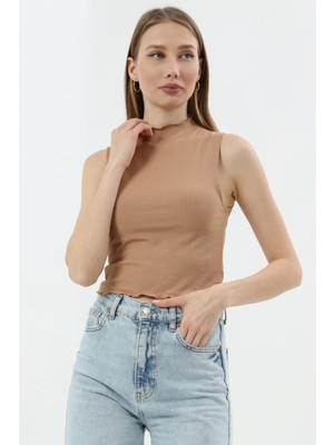 Fancy Kadın Dik Yaka Slim Fit Sıfır Kol Fitilli Crop Bluz