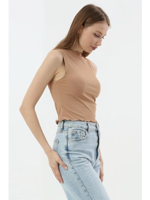 Fancy Kadın Dik Yaka Slim Fit Sıfır Kol Fitilli Crop Bluz