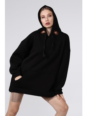 Fancy Kadın Ayıcık Nakış Detaylı Siyah Oversize Sweatshirt