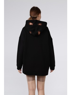 Fancy Kadın Ayıcık Nakış Detaylı Siyah Oversize Sweatshirt