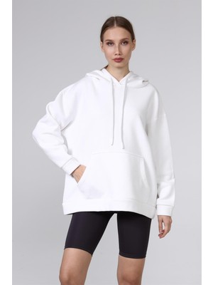 Fancy Kadın Kapüşonlu Yumuşacık İçi Pamuklu Basic Beyaz Oversize Sweatshirt