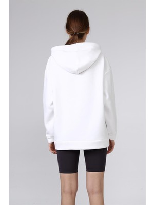 Fancy Kadın Kapüşonlu Yumuşacık İçi Pamuklu Basic Beyaz Oversize Sweatshirt