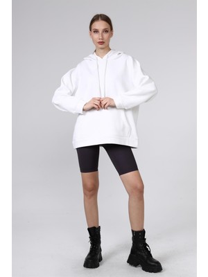 Fancy Kadın Kapüşonlu Yumuşacık İçi Pamuklu Basic Beyaz Oversize Sweatshirt