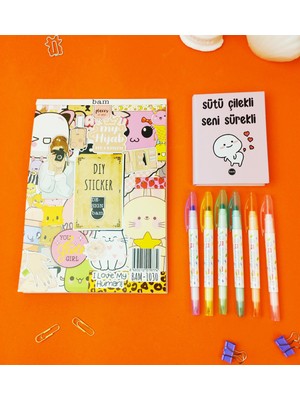 Giftmoda Sticker Defterli ve Çift Taraflı Soft Renkli Keçeli Kalemli Kırtasiye Seti