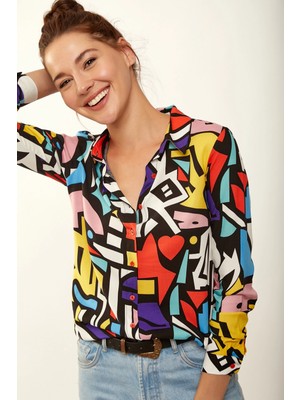 New Laviva Kadın Klasik Yaka Geometrik Uzun Kol Gömlek