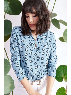 New Laviva Kadın Mavi Iki Renkli Desenli Uzun Kol Regular Kesim Standart Boy Gömlek