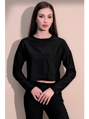 New Laviva Kadın Siyah Kendinden Dokulu Cepli Crop Sweatshirt, Salaş Kesim