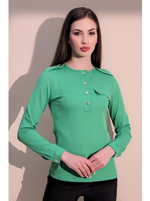 New Laviva Kadın Yeşil Uzun Kol Kaliteli Apoletli Yarım Patlı Kaşkorse Cepli Düz Kesim Bluz