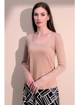 New Laviva Kadın Bej Günlük Stil Basic Kare Yaka Uzun Kol Bluz